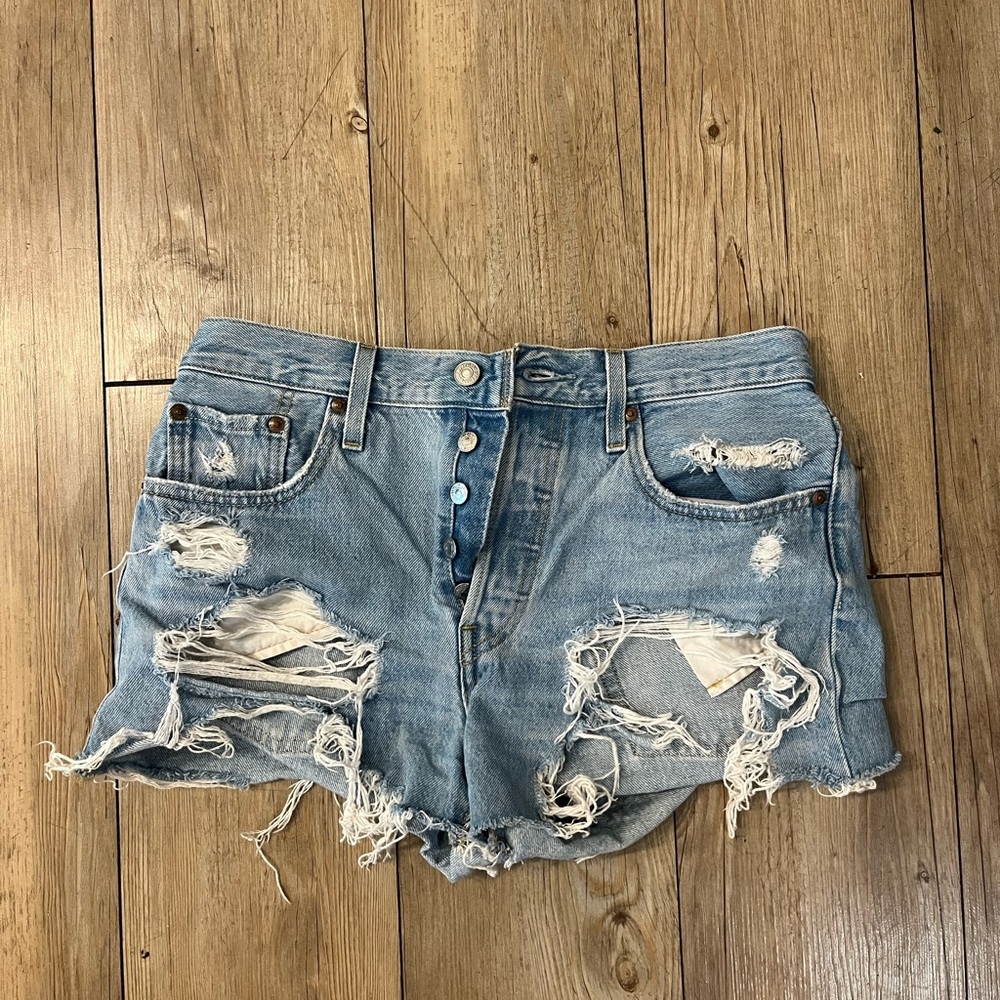 Levi's Blue Distressed Jean Shorts High-Waisted Relaxed Fit